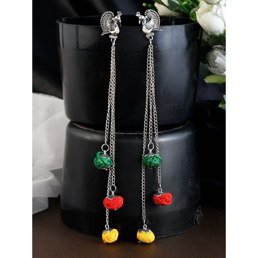 Peacock Stud Tassel Chain Earrings with Multicolor Thread Beads - Craftybella