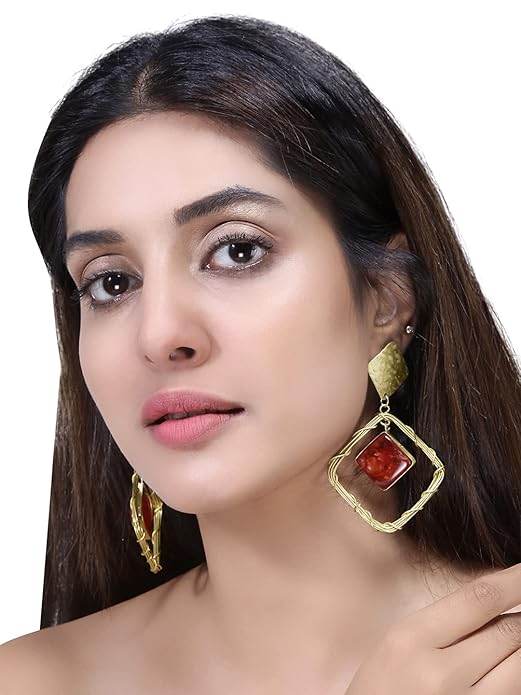 Crimson Square Handmade Brass Earrings – Red Resin Stone Dangles - Craftybella