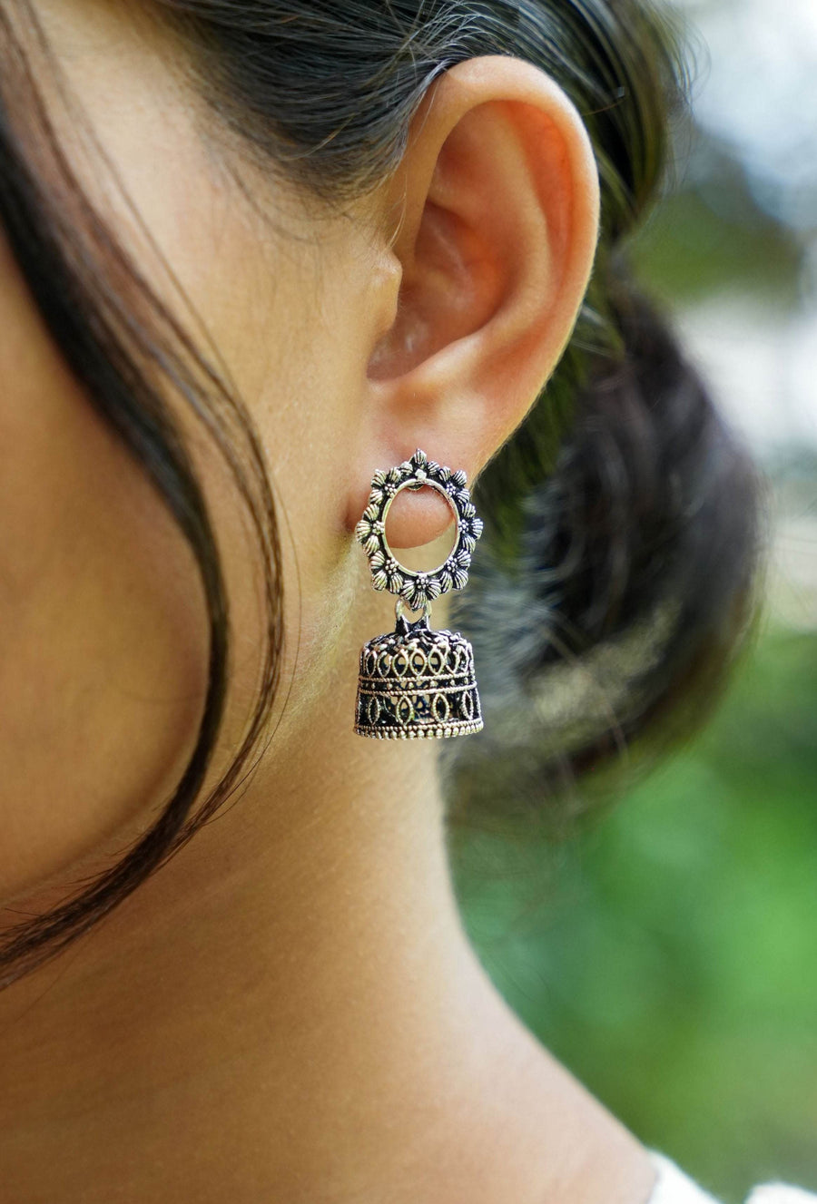 Silver Tone Abstract Dome oxidise Jhumka - Craftybella