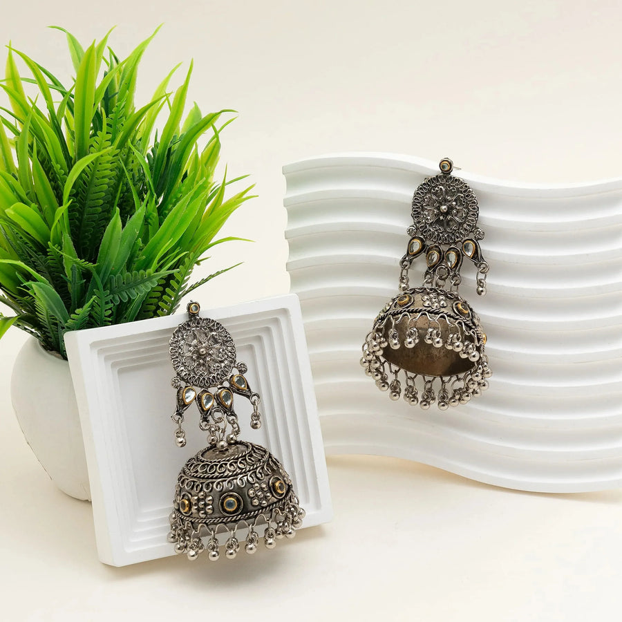 Aarvi Antique Oxidised Jhumka Earrings with Meenakari Detail - Craftybella