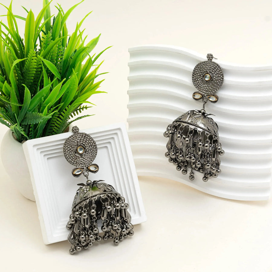 German Silver Oxidised Dome Jhumka Earrings with Mirror Work - Craftybella