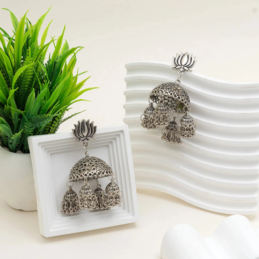 Lotus Dome Multi-Layered Oxidised Jhumka Earrings - Craftybella