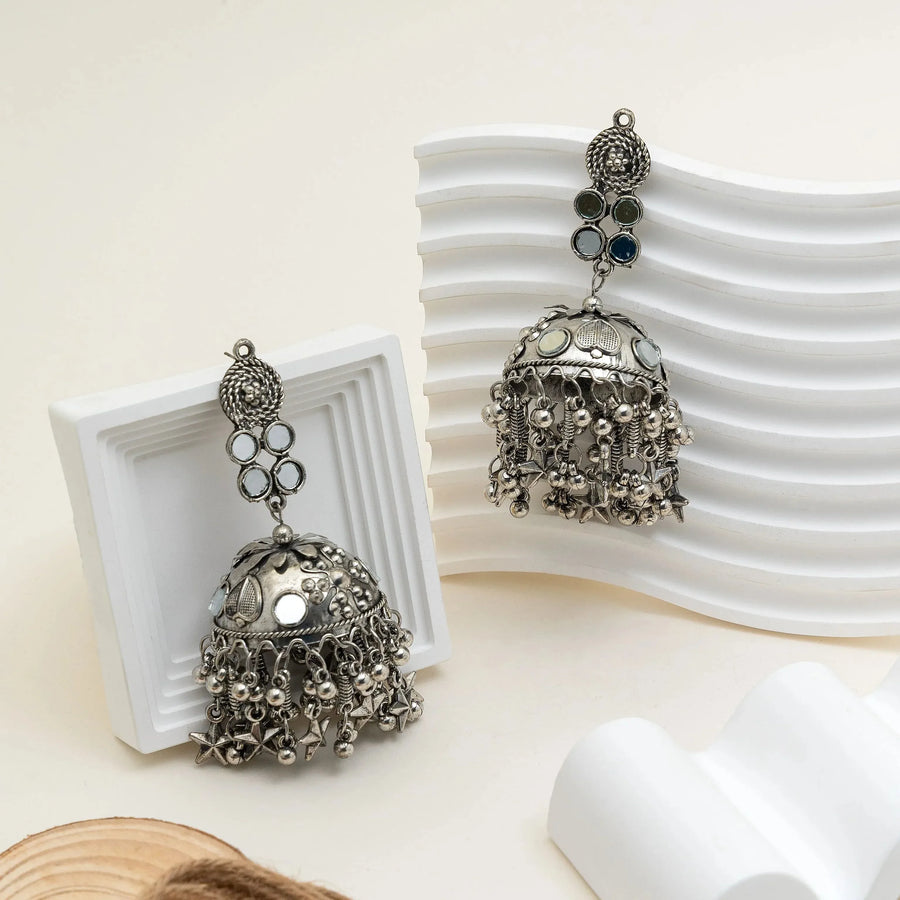 Oxidised Mirror Dome Jhumka with Ghungroo Cluster - Craftybella