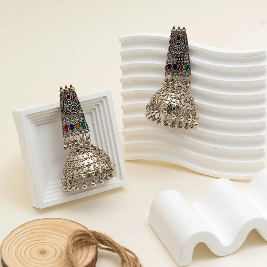 German Silver Oxidised Multicolour Dome Jhumka Earrings - Craftybella