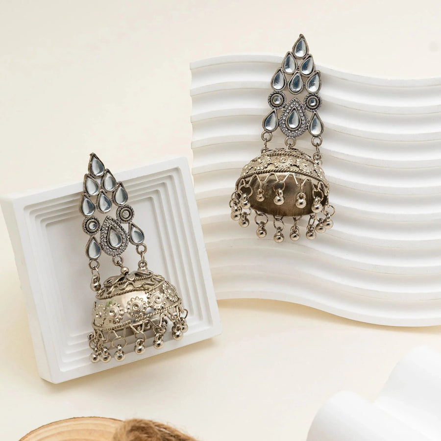 Mirror Drop Silver Oxidised Dome Jhumka Earrings - Craftybella