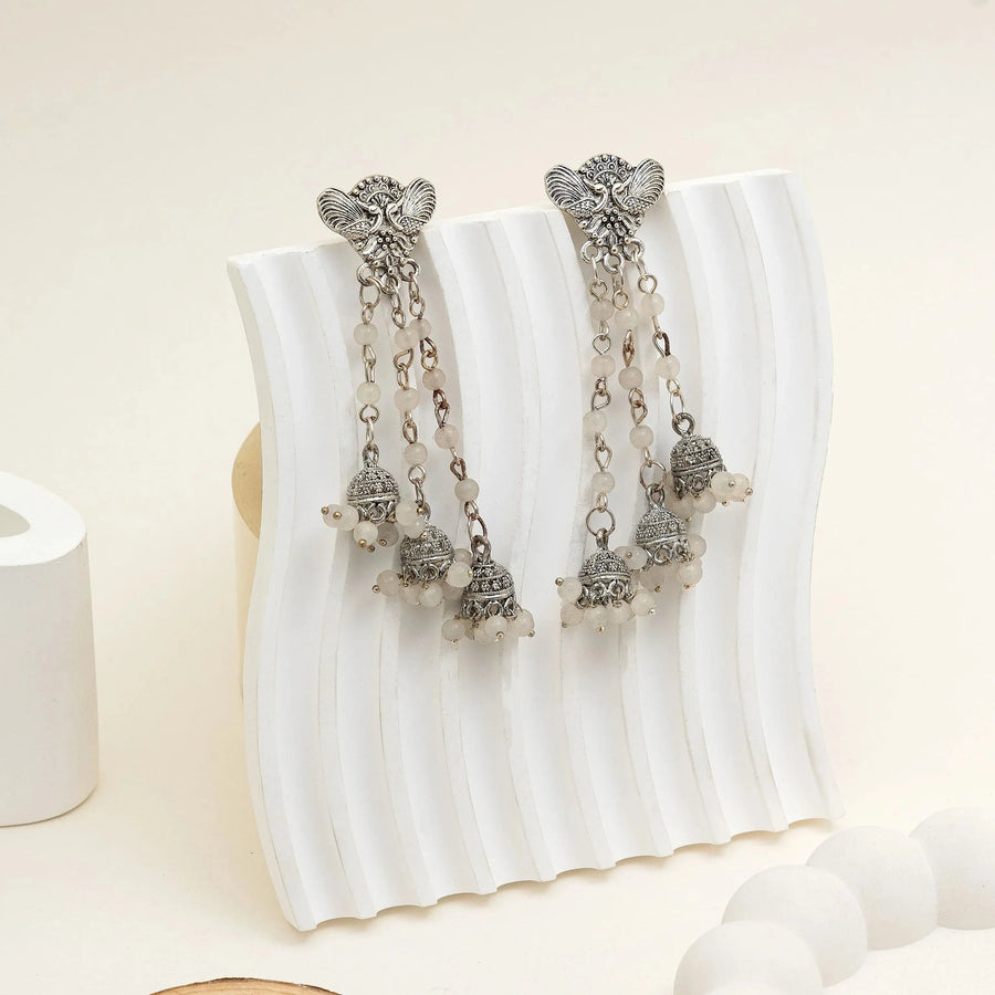 Divya Oxidised Triple Chain Jhumka Earrings with Elephant Motif - Craftybella