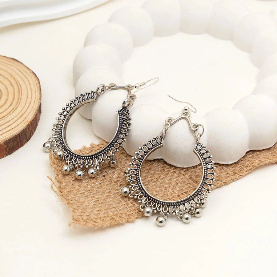 Oxidised Boho Hoop Earrings with Ghungroo Drops - Craftybella
