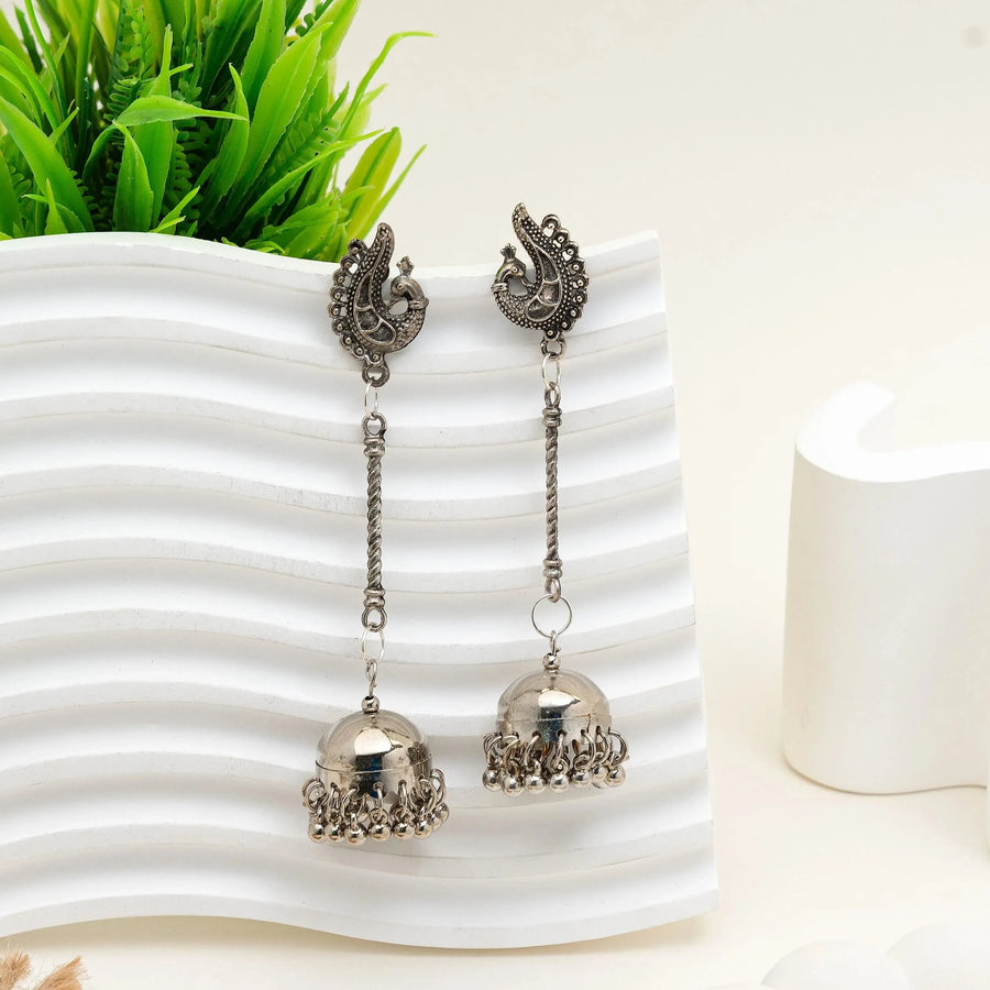 Royal Peacock Long Oxidised Silver Jhumka - Craftybella