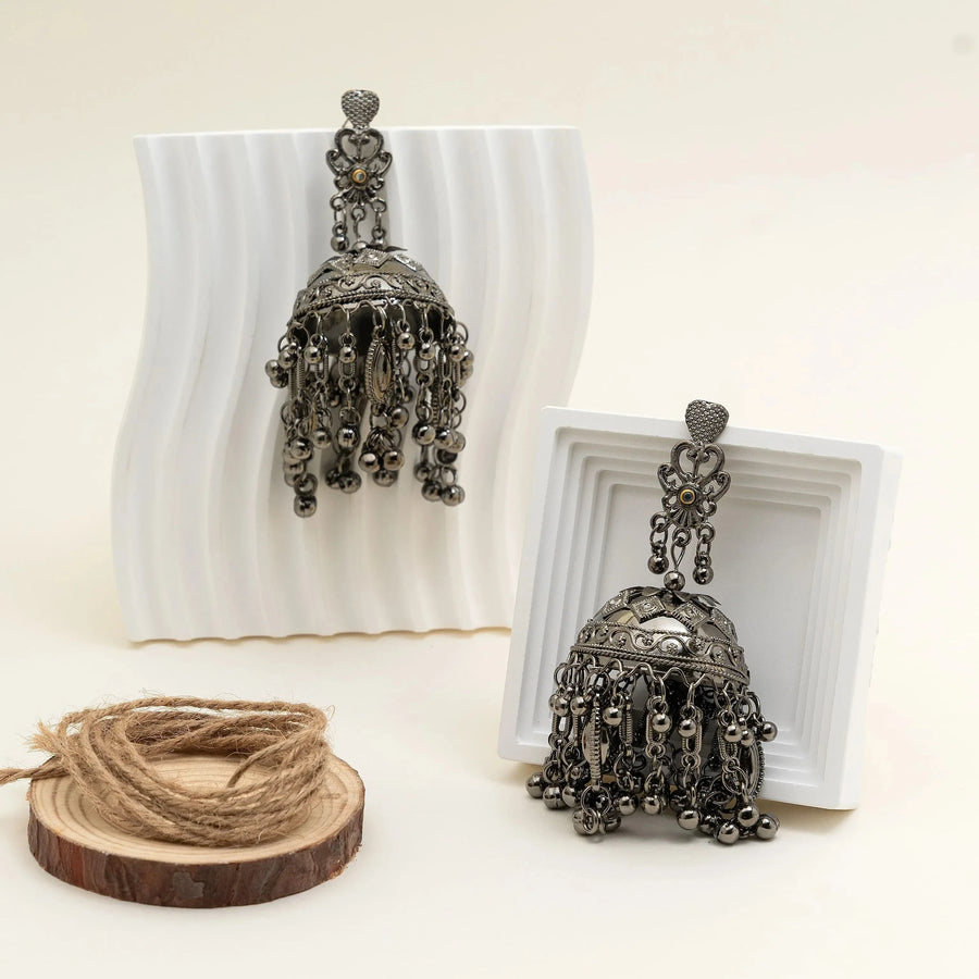 Noor Oxidised Long Dangler Dome Jhumka Earrings - Craftybella
