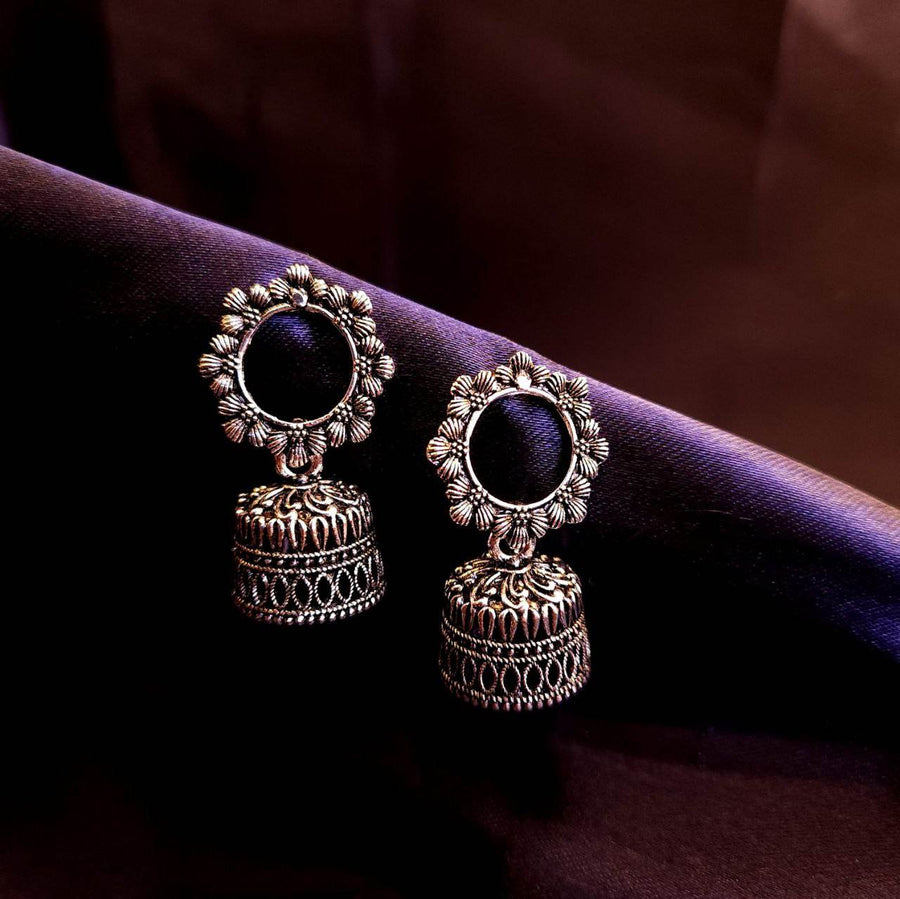 Silver Tone Abstract Dome oxidise Jhumka - Craftybella