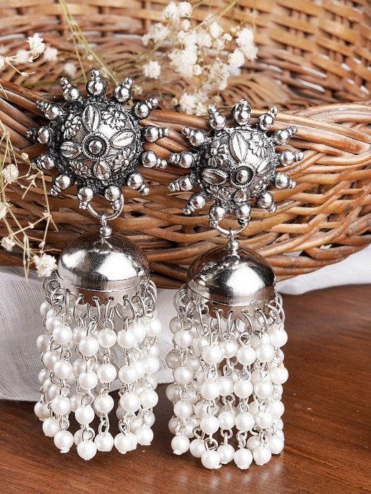 Sun Motif Oxidized Silver Pearl Tassel Jhumkas – Statement Ethnic Earrings - Craftybella
