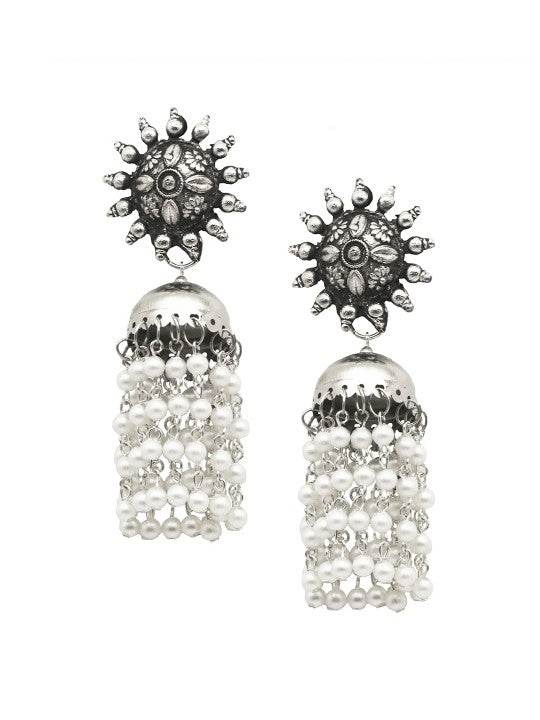 Sun Motif Oxidized Silver Pearl Tassel Jhumkas – Statement Ethnic Earrings - Craftybella
