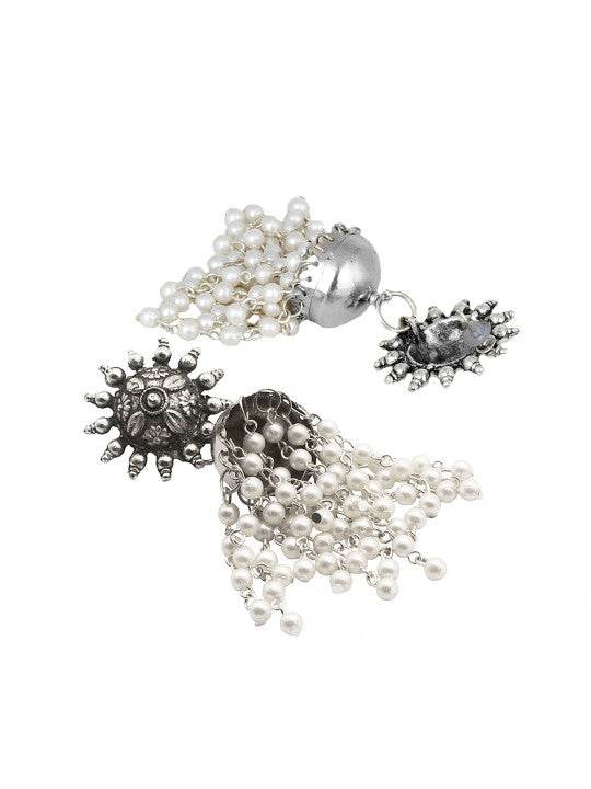 Sun Motif Oxidized Silver Pearl Tassel Jhumkas – Statement Ethnic Earrings - Craftybella