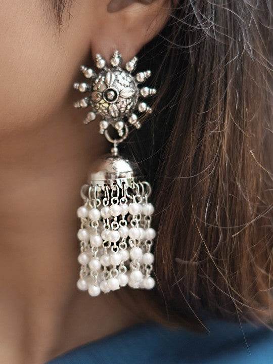 Sun Motif Oxidized Silver Pearl Tassel Jhumkas – Statement Ethnic Earrings - Craftybella