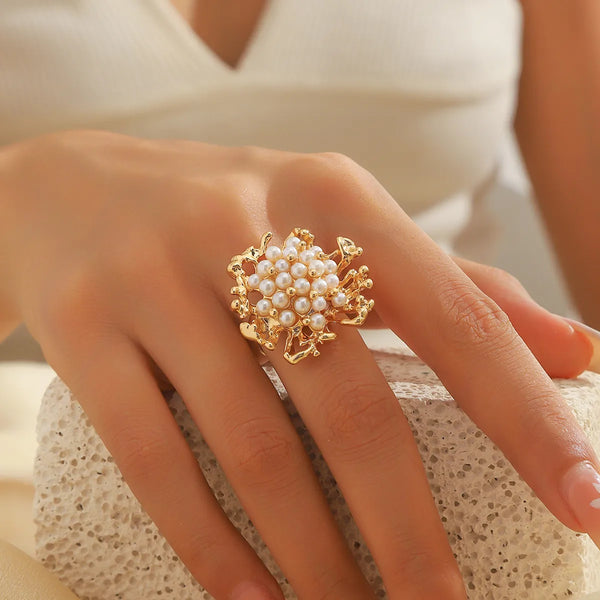 Pearl Cluster Gold Adjustable ring