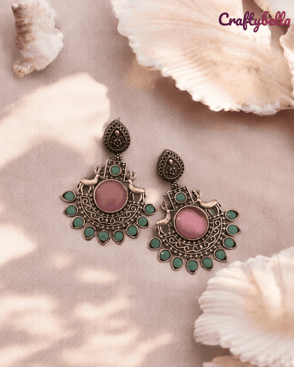 Rajwadi Pink And Ocean Stone Jhumka