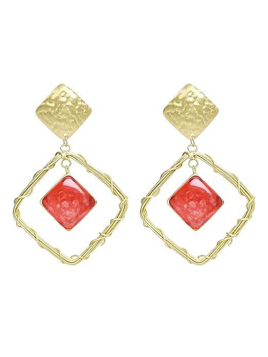 Crimson Square Handmade Brass Earrings – Red Resin Stone Dangles - Craftybella