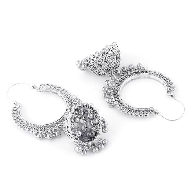 Intricate German Silver Hoop Jhumka Earrings – Ethnic Fusion Bali Style - Craftybella