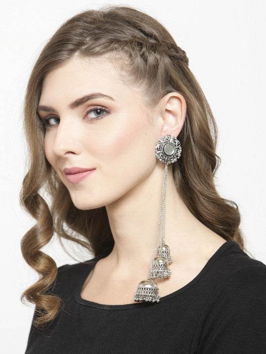 Kashmiri Mirror Bloom Triple Jhumki Earrings - Craftybella