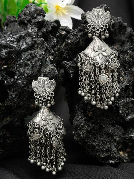 Oxidized Silver Designer Shield Stud Earrings – Layered Dangling Chains Jhumkas - Craftybella