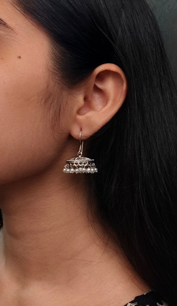 Pearl Whisper Oxidized Jhumki Earrings