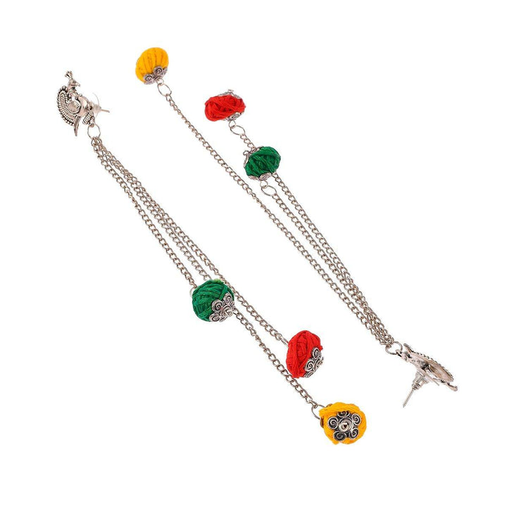 Peacock Stud Tassel Chain Earrings with Multicolor Thread Beads - Craftybella