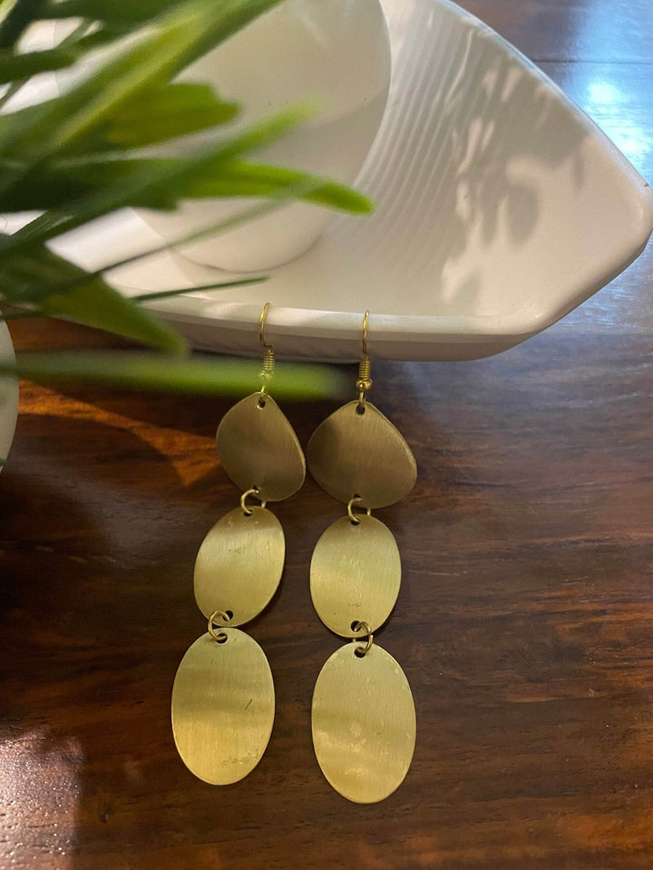 Triple Layer Matte Brass Drop Earrings – Handmade Statement Jewelry - Craftybella