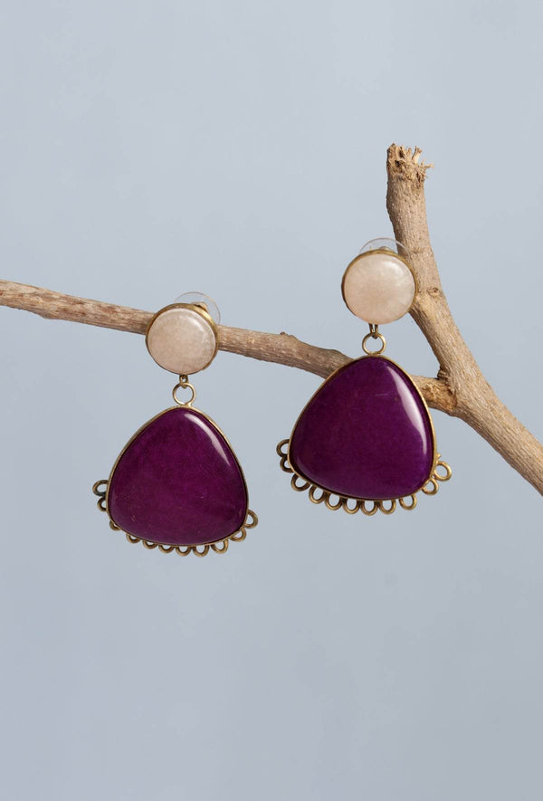 Gold-Plated Cream & Purple Geometric Drop Earrings - Craftybella