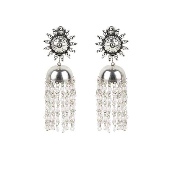Sun Motif Oxidized Silver Pearl Tassel Jhumkas – Statement Ethnic Earrings - Craftybella