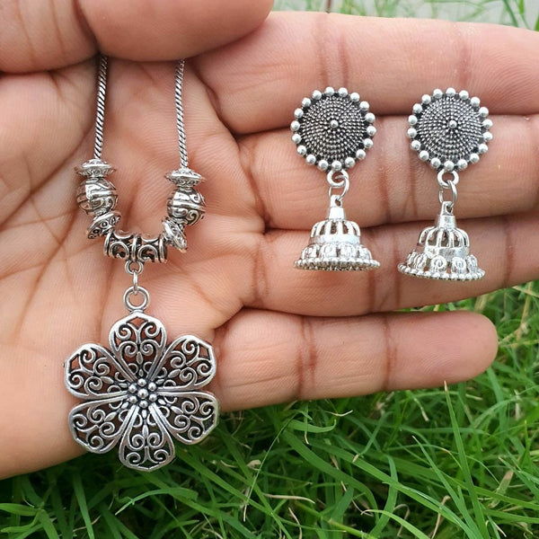 Floral Grace Oxidized Set - Necklace With Jhumka