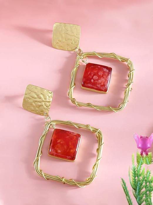 Crimson Square Handmade Brass Earrings – Red Resin Stone Dangles - Craftybella