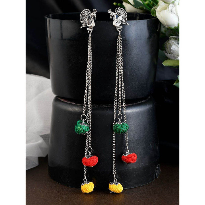 Peacock Stud Tassel Chain Earrings with Multicolor Thread Beads - Craftybella