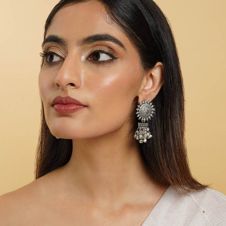 Oxidized German Silver Sun Stud Earrings – Layered Ghungroo Partywear Jhumkas - Craftybella