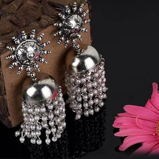 Sun Motif Oxidized Silver Pearl Tassel Jhumkas – Statement Ethnic Earrings - Craftybella