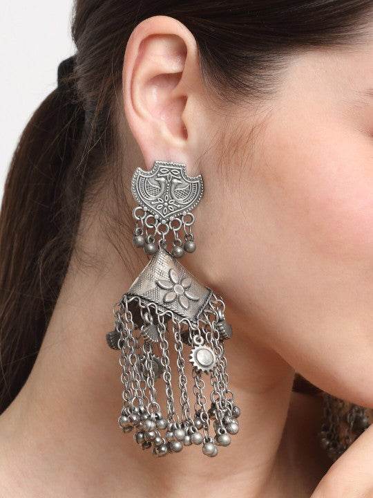 Oxidized Silver Designer Shield Stud Earrings – Layered Dangling Chains Jhumkas - Craftybella