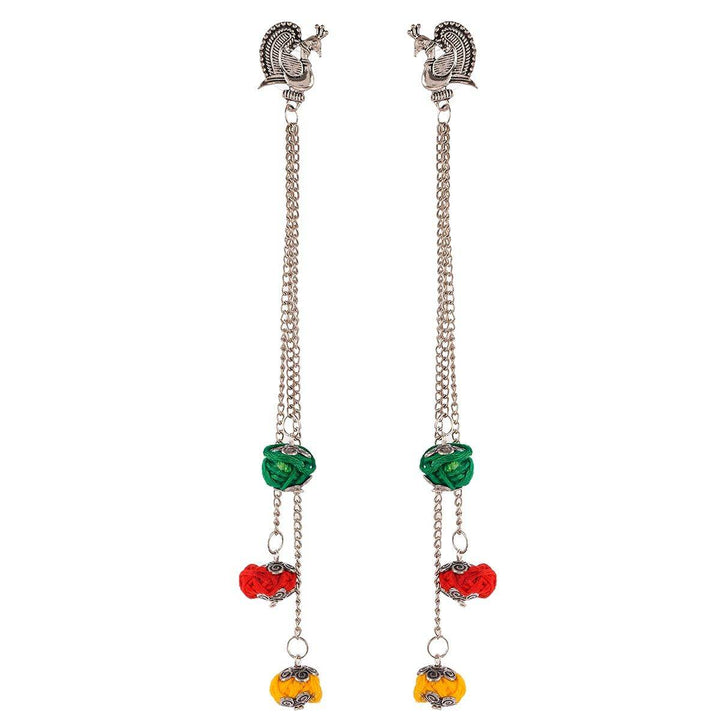 Peacock Stud Tassel Chain Earrings with Multicolor Thread Beads - Craftybella