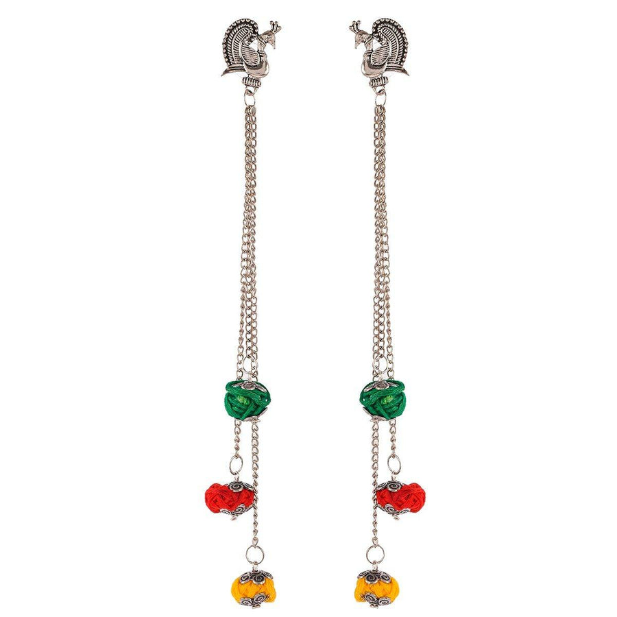 Peacock Stud Tassel Chain Earrings with Multicolor Thread Beads - Craftybella