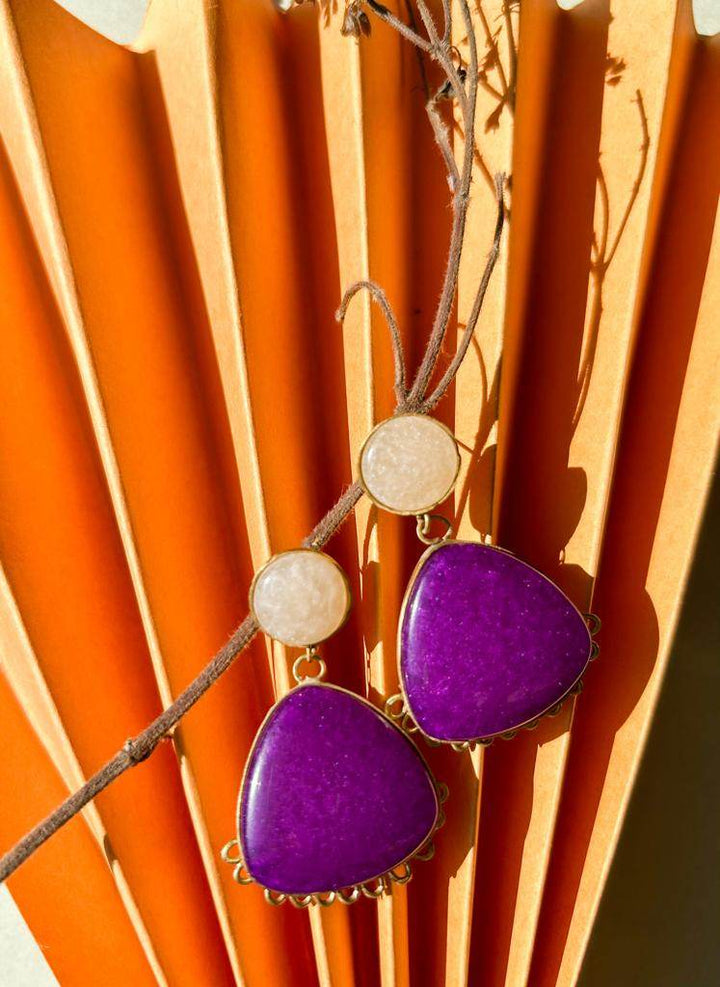 Gold-Plated Cream & Purple Geometric Drop Earrings - Craftybella