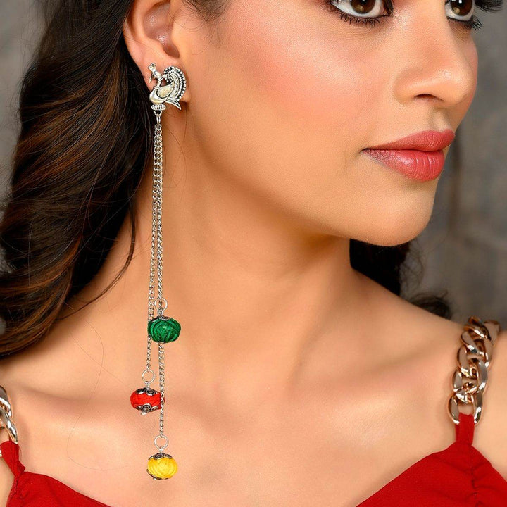 Peacock Stud Tassel Chain Earrings with Multicolor Thread Beads - Craftybella