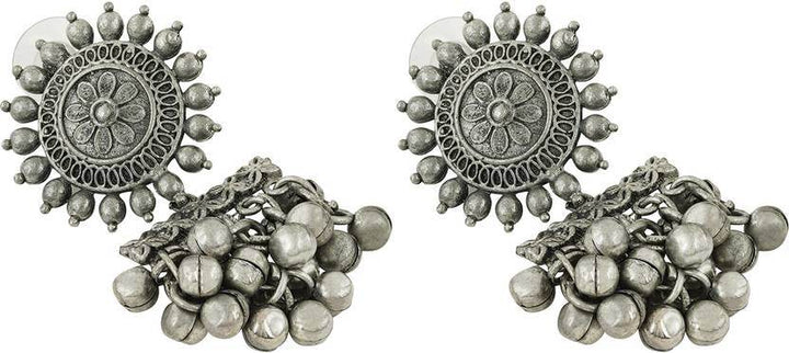 Oxidized German Silver Sun Stud Earrings – Layered Ghungroo Partywear Jhumkas - Craftybella