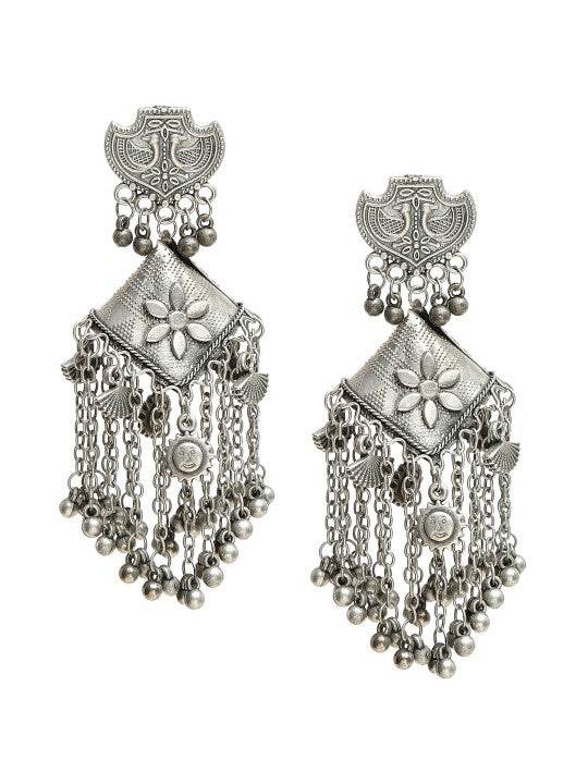 Oxidized Silver Designer Shield Stud Earrings – Layered Dangling Chains Jhumkas - Craftybella