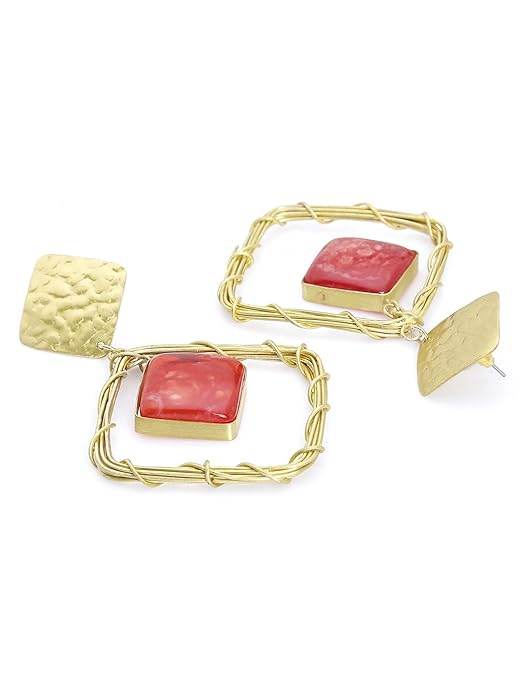 Crimson Square Handmade Brass Earrings – Red Resin Stone Dangles - Craftybella