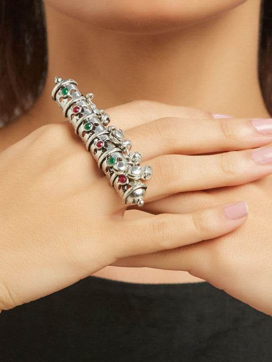 Oxidized Silver Look-Alike Ring with Colorful Stone Detailing – Adjustable - Craftybella