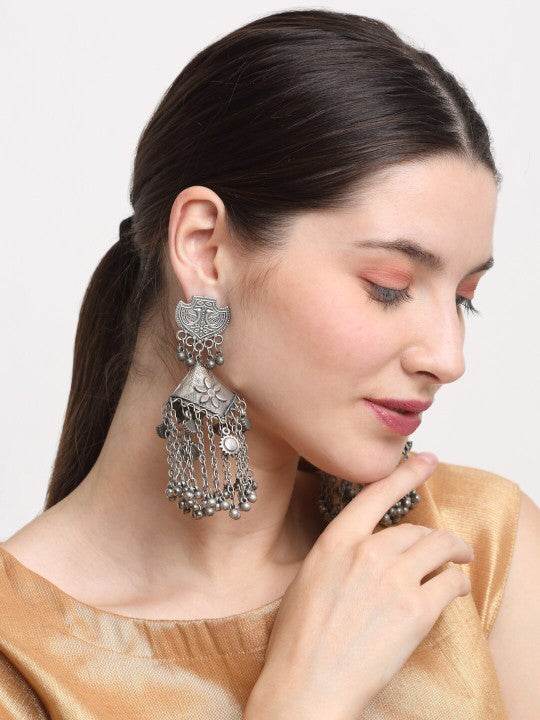 Oxidized Silver Designer Shield Stud Earrings – Layered Dangling Chains Jhumkas - Craftybella