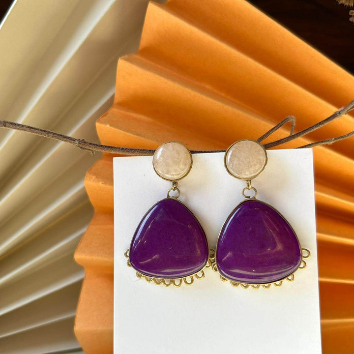 Gold-Plated Cream & Purple Geometric Drop Earrings - Craftybella
