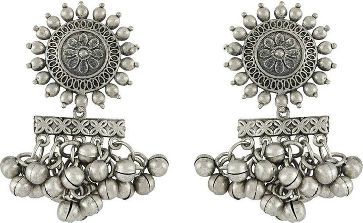 Oxidized German Silver Sun Stud Earrings – Layered Ghungroo Partywear Jhumkas - Craftybella