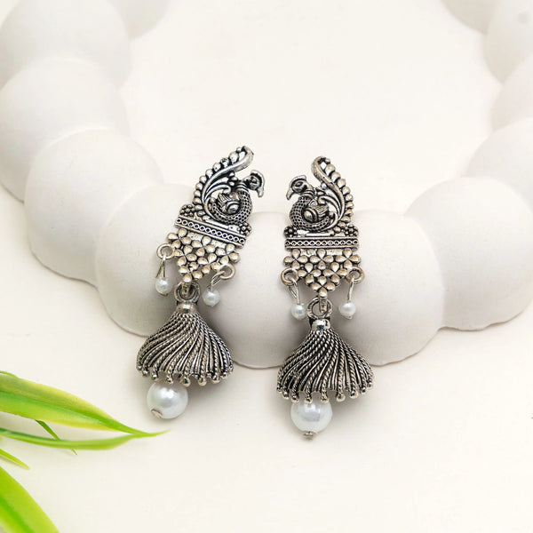 Oxidised Peacock Pearl Drop Jhumka Earrings