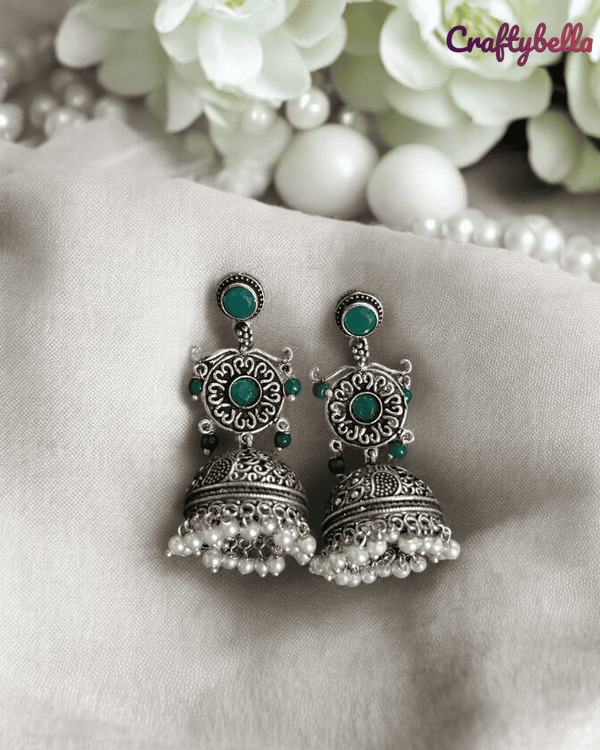 Green Pearl Radiance Jhumka - Oxidised Jhumka