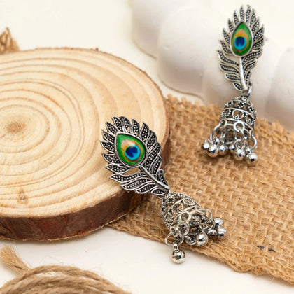 Peacock Feather Oxidised Jhumka Earrings