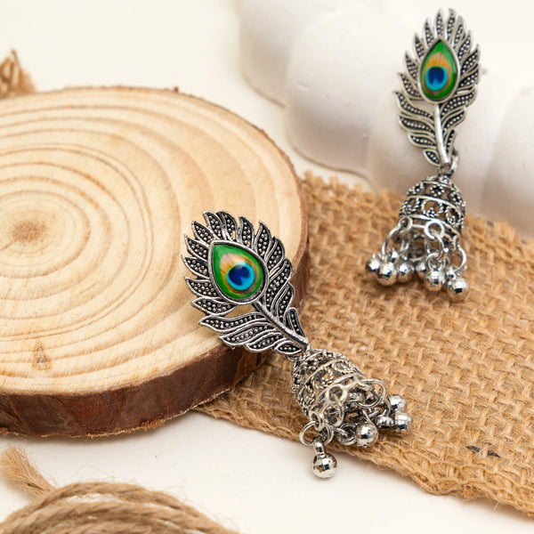 Peacock Feather Oxidised Jhumka Earrings